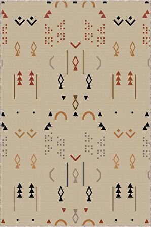 Bej Kaymaz Tabanlı Yıkanır Etnik Desenli Mutfak Halısı AR359