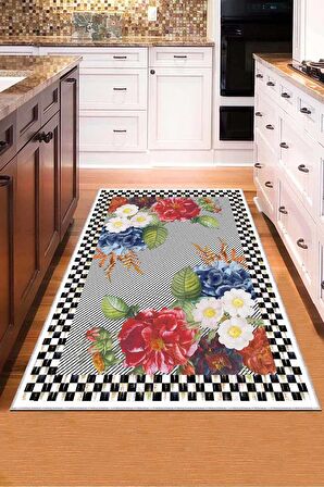 Çok Renkli Kaymaz Taban Yıkanan Çiçekli Mutfak Halısı AR377