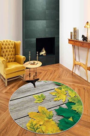 Yeşil Çınar 3D Kaymaz Tabanlı Hol Halısı Yuvarlak AR416