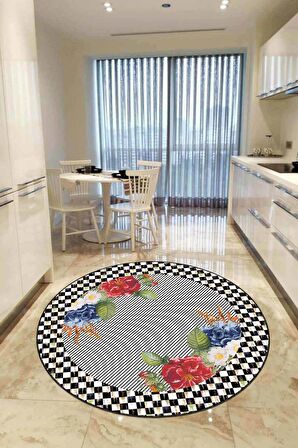 Çok Renkli Kaymaz Taban Çiçekli Yuvarlak Mutfak Halısı AR421