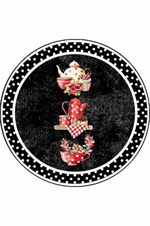 Siyah Kaymaz Taban Çaydanlıklı Yuvarlak Mutfak Halısı AR424