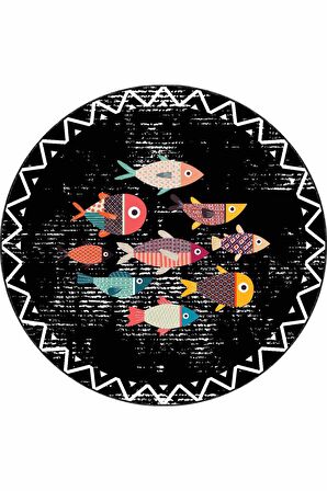 Siyah Kaymaz Taban Balık Desen Yuvarlak Mutfak Halısı AR425