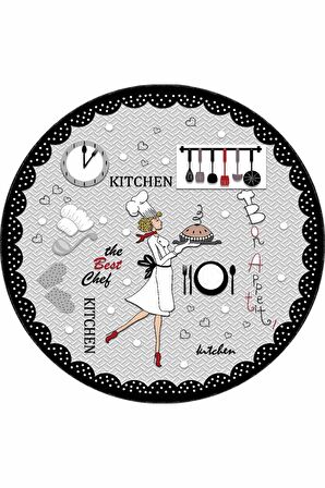 Gri Kaymaz Tabanlı Aşçı Desenli Yuvarlak Mutfak Halısı AR427