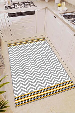 Sarı Kaymaz Tabanlı Yıkanabilir Zigzag Mutfak Halısı AR447
