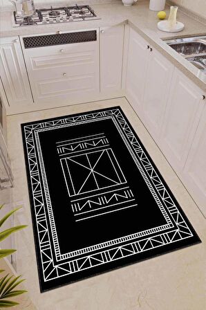 Siyah Kaymaz Taban Yıkanan Etnik Desenli Mutfak Halısı AR501