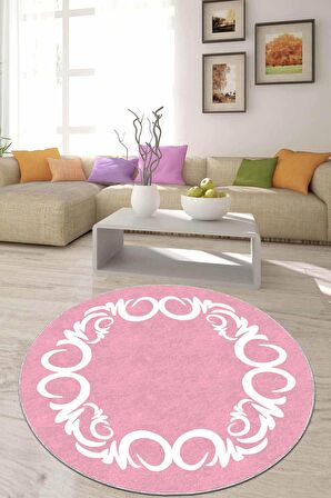 Pembe Çerçeveli Kaymaz Tabanlı Yuvarlak Yolluk Halı AR519