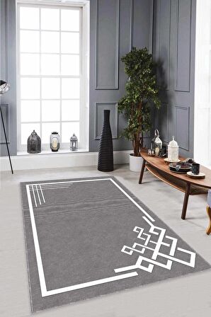 Gri Çerçeveli Kaymaz Tabanlı Makinede Yıkanabilir Halı AR535