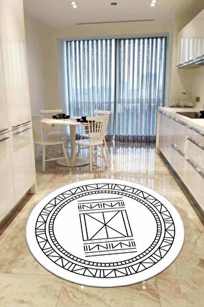 Beyaz Kaymaz Taban Etnik Desen Yuvarlak Mutfak Halısı AR539