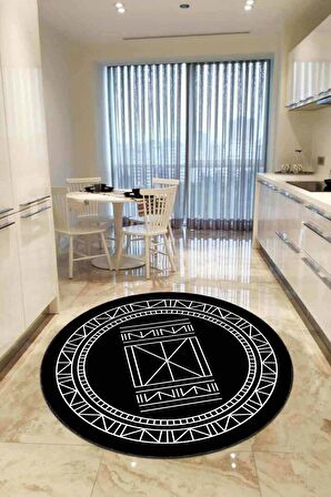 Siyah Kaymaz Taban Etnik Desen Yuvarlak Mutfak Halısı AR540