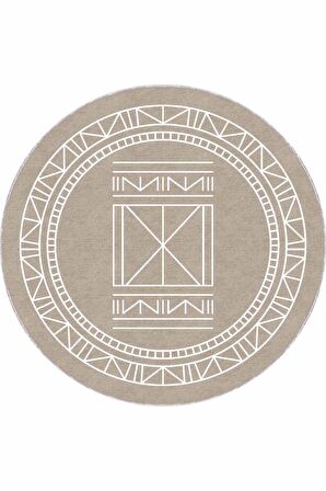 Bej Kaymaz Taban Etnik Desenli Yuvarlak Mutfak Halısı AR541