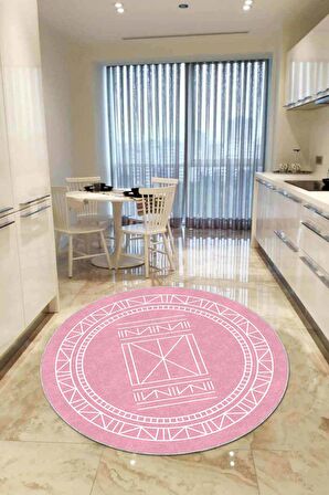 Pembe Kaymaz Taban Etnik Desen Yuvarlak Mutfak Halısı AR542