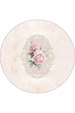 Bej Kaymaz Tabanlı Çiçekli Yuvarlak Mutfak Halısı AR562