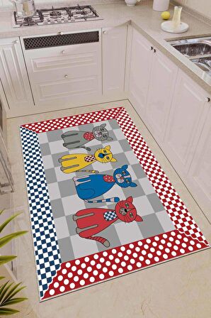 Çok Renkli Kaymaz Tabanlı Yıkanır Kedili Mutfak Halısı AR674