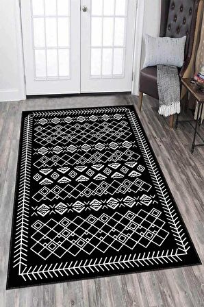 Siyah Kaymaz Taban Yıkanan Etnik Desenli Mutfak Halısı AR679