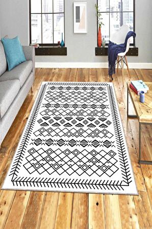 Beyaz Kaymaz Taban Yıkanan Etnik Desenli Mutfak Halısı AR682