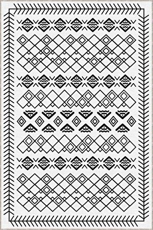 Beyaz Kaymaz Taban Yıkanan Etnik Desenli Mutfak Halısı AR682