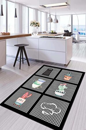 Siyah Kaymaz Tabanlı Kaktüs Desenli Mutfak Halısı AR712