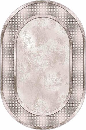 Bej Çerçeveli Kaymaz Tabanlı Yıkanabilen Oval Halı AR715