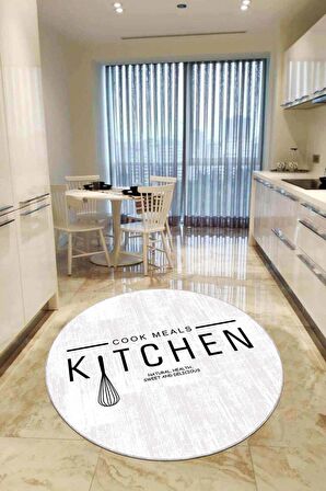Beyaz Kaymaz Kitchen Yazılı Yuvarlak Mutfak Halısı AR802