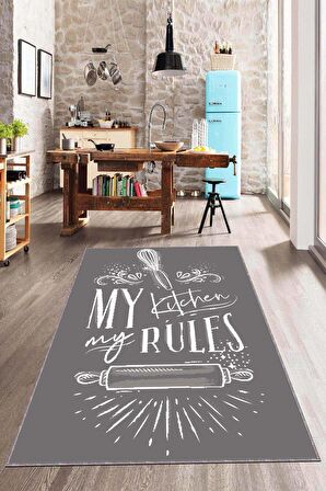 Gri Kaymaz Tabanlı My Kitchen My Rules Mutfak Halısı AR812