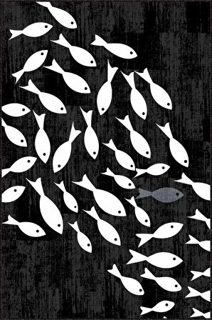 Siyah Kaymaz Taban Yıkanan Balık Desenli Mutfak Halısı AR827