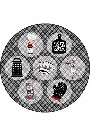 Gri Kaymaz Tabanlı Aşçı Desenli Yuvarlak Mutfak Halısı AR883