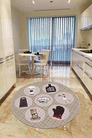 Bej Kaymaz Tabanlı Aşçı Desenli Yuvarlak Mutfak Halısı AR884