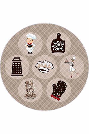 Bej Kaymaz Tabanlı Aşçı Desenli Yuvarlak Mutfak Halısı AR884