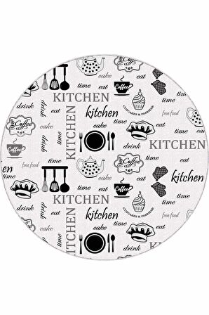 Beyaz Kaymaz Çaydanlık Desenli Yuvarlak Mutfak Halısı AR894