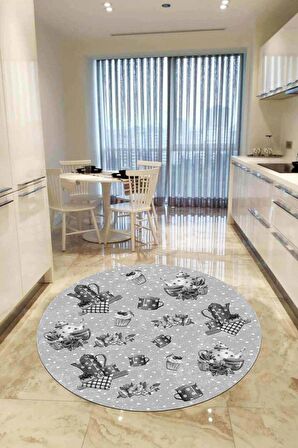 Gri Kaymaz Çaydanlık Desenli Yuvarlak Mutfak Halısı AR898