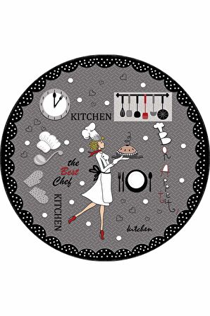 Gri Kaymaz Tabanlı Aşçı Desenli Yuvarlak Mutfak Halısı AR910