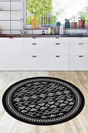 Siyah Kaymaz Taban Etnik Desen Yuvarlak Mutfak Halısı AR911