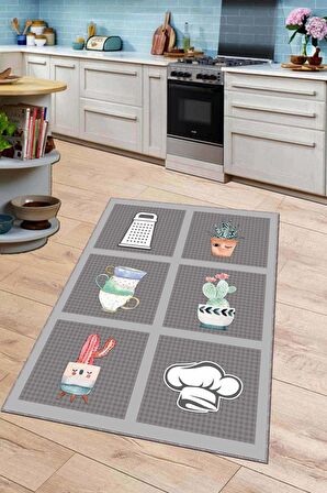 Gri Kaymaz Tabanlı Yıkanabilir Kaktüslü Mutfak Halısı AR917