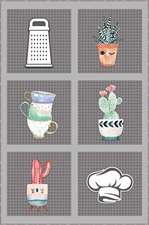 Gri Kaymaz Tabanlı Yıkanabilir Kaktüslü Mutfak Halısı AR917