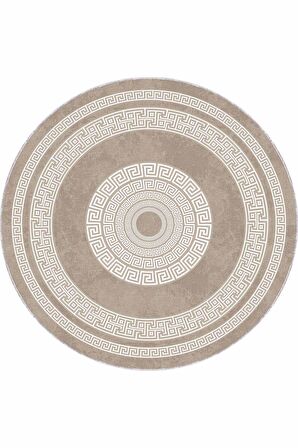 Bej Çerçeveli Kaymaz Tabanlı Yıkanabilir Yuvarlak Halı AR925