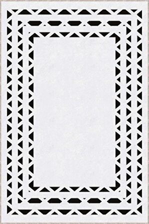 Siyah Beyaz Çerçeveli Kaymaz Tabanlı Dekoratif Halı AR929