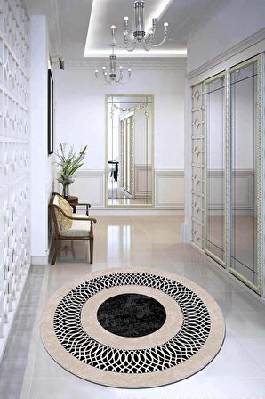 Bej Çerçeveli Kaymaz Tabanlı Yıkanabilir Yuvarlak Halı AR942