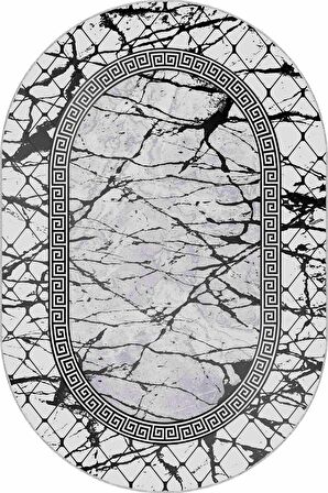 Gri Çerçeveli Kaymaz Tabanlı Yıkanabilir Oval Halı AR975