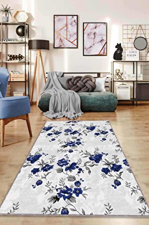 Lacivert Çiçekli Kaymaz Taban Makinede Yıkanabilir Halı BH08