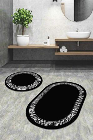 Siyah Çerçeve Temalı Oval Banyo Klozet Paspas Seti BS076