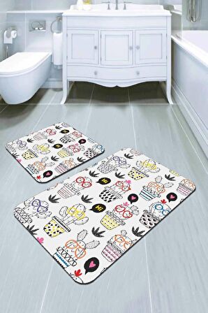 Renkli Kaktüslü Desen Banyo Halısı Klozet Paspas Seti BS248