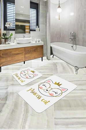 Ekru Kedi Temalı Banyo Halısı Klozet 2'li Paspas Seti BS256