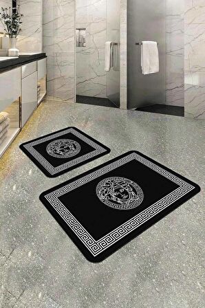 Siyah Çerçeve Temalı Banyo Halısı Klozet Paspas Seti BS350