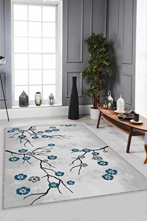 Zümrüt Çiçekli Kaymaz Taban Makinede Yıkanabilir Halı FW009