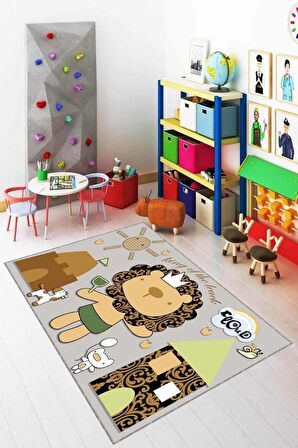 Bej Kaymaz Tabanlı Yıkanabilir Aslanlı Çocuk Halısı KD033