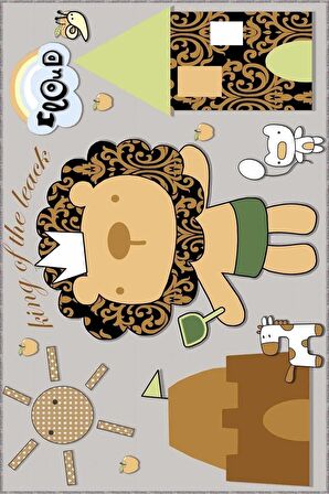 Bej Kaymaz Tabanlı Yıkanabilir Aslanlı Çocuk Halısı KD033