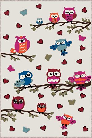 Çok Renkli Kaymaz Tabanlı Baykuşlu Çocuk Halısı KD043