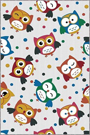 Çok Renkli Kaymaz Tabanlı Baykuşlu Çocuk Halısı KD055