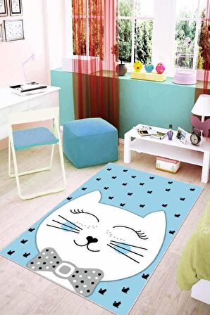 Mavi Kaymaz Tabanlı Yıkanabilir Kedili Bebek Halısı KD08