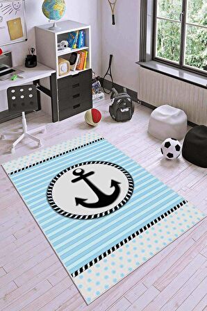 Mavi Kaymaz Tabanlı Yıkanır Denizci Temalı Çocuk Halısı KD30